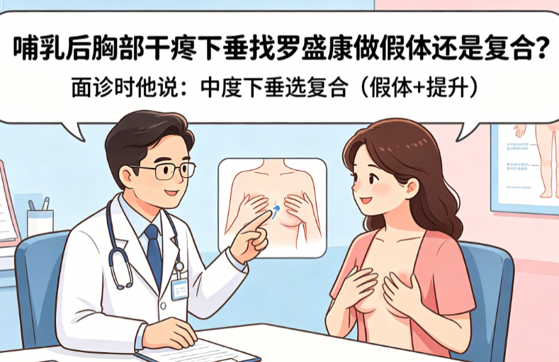 哺乳后胸部干瘪下垂找罗盛康做假体还是复合？面诊时他说：中度下垂选复合（假体+提升），重度只做假体没用