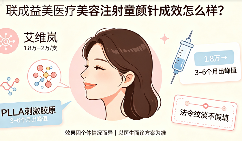 联成益美医疗美容注射童颜针成效怎么样？艾维岚1.8万–2万/支PLLA刺激胶原，3–6个月出峰值法令纹淡不假填
